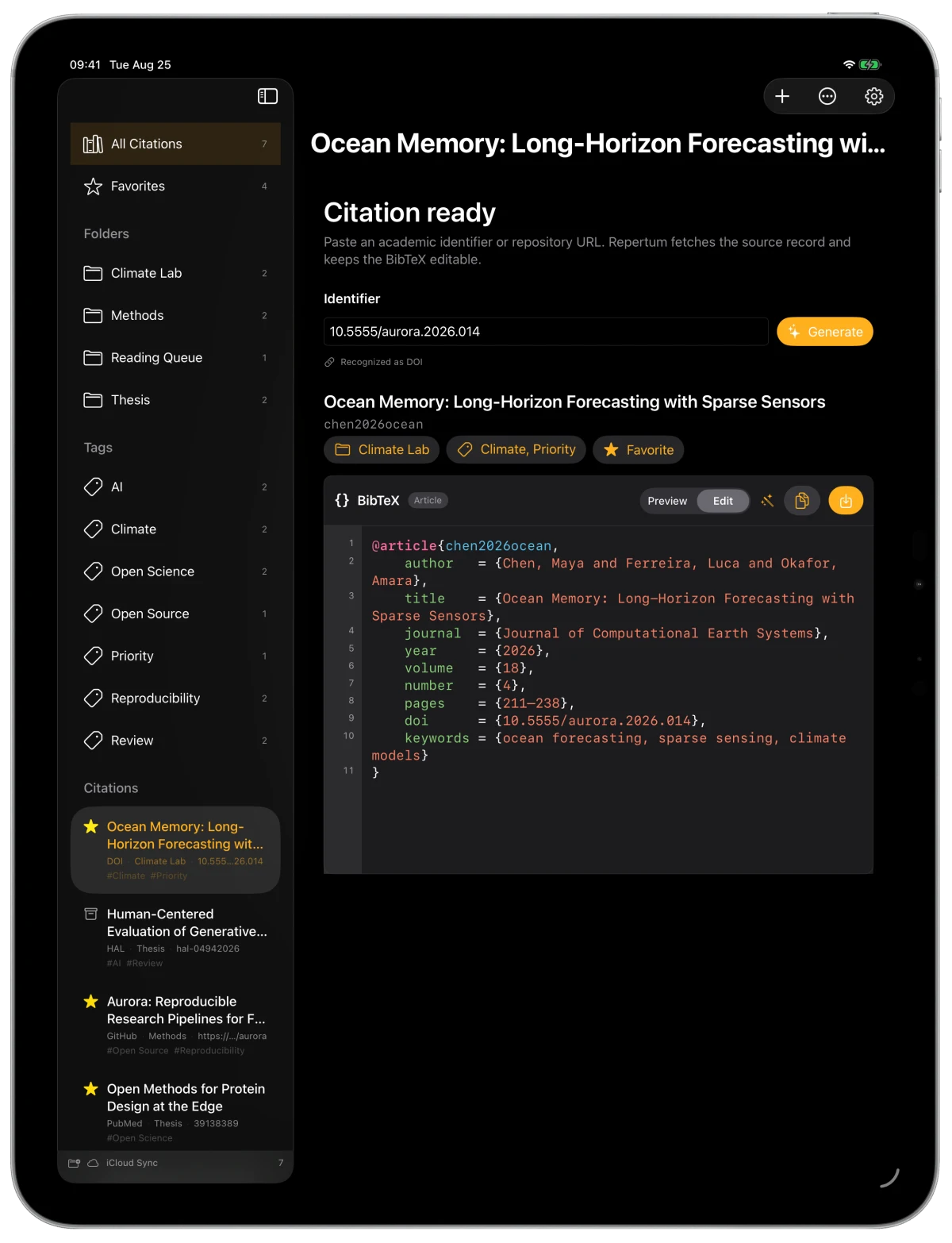 Repertum BibTeX editor in an iPad Pro frame, in dark mode with line numbers and syntax colours