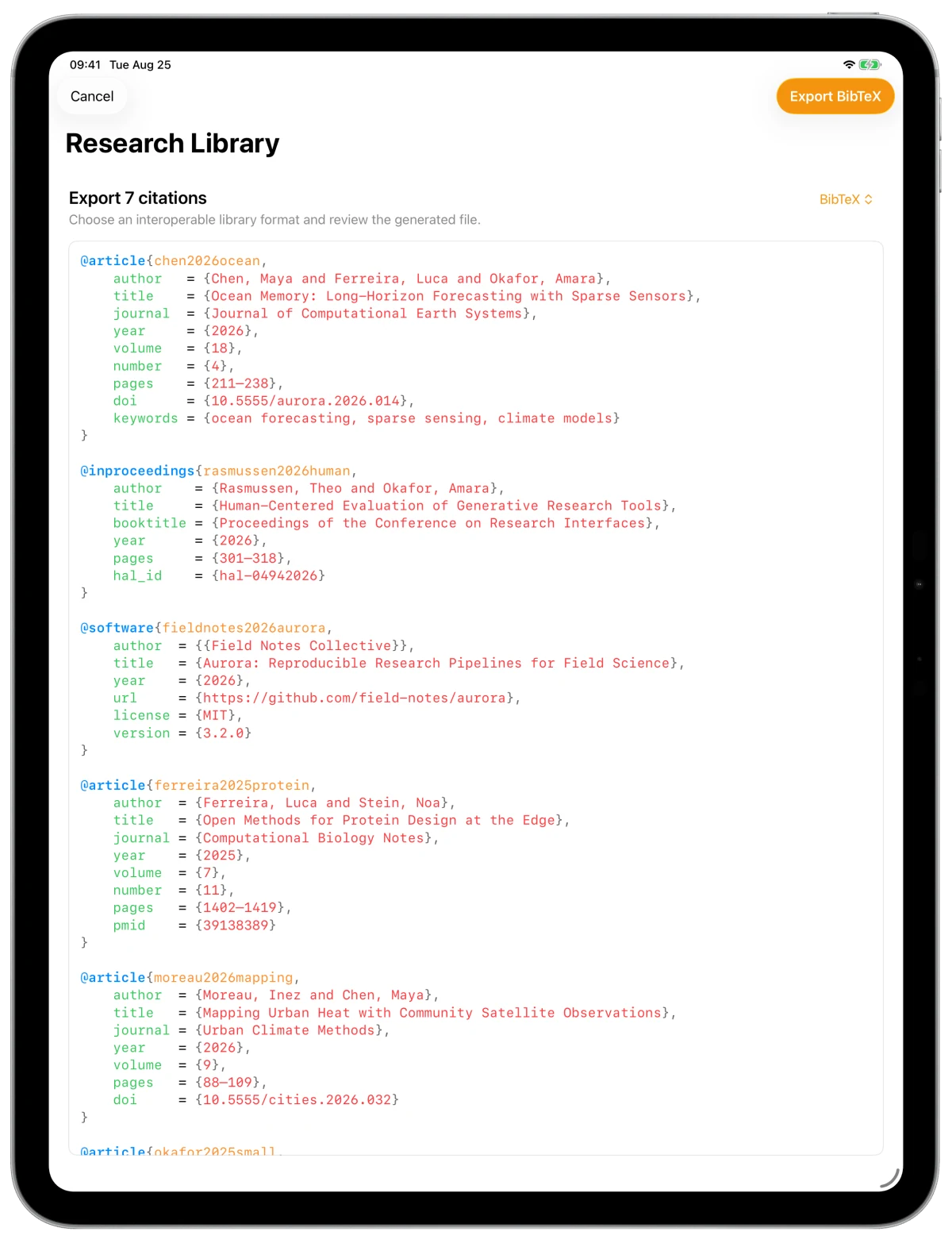 A complete BibTeX library ready to export from Repertum in an iPad Pro frame