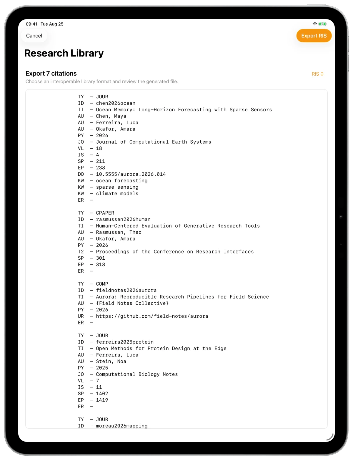 A citation library converted to RIS in Repertum inside an iPad Pro frame