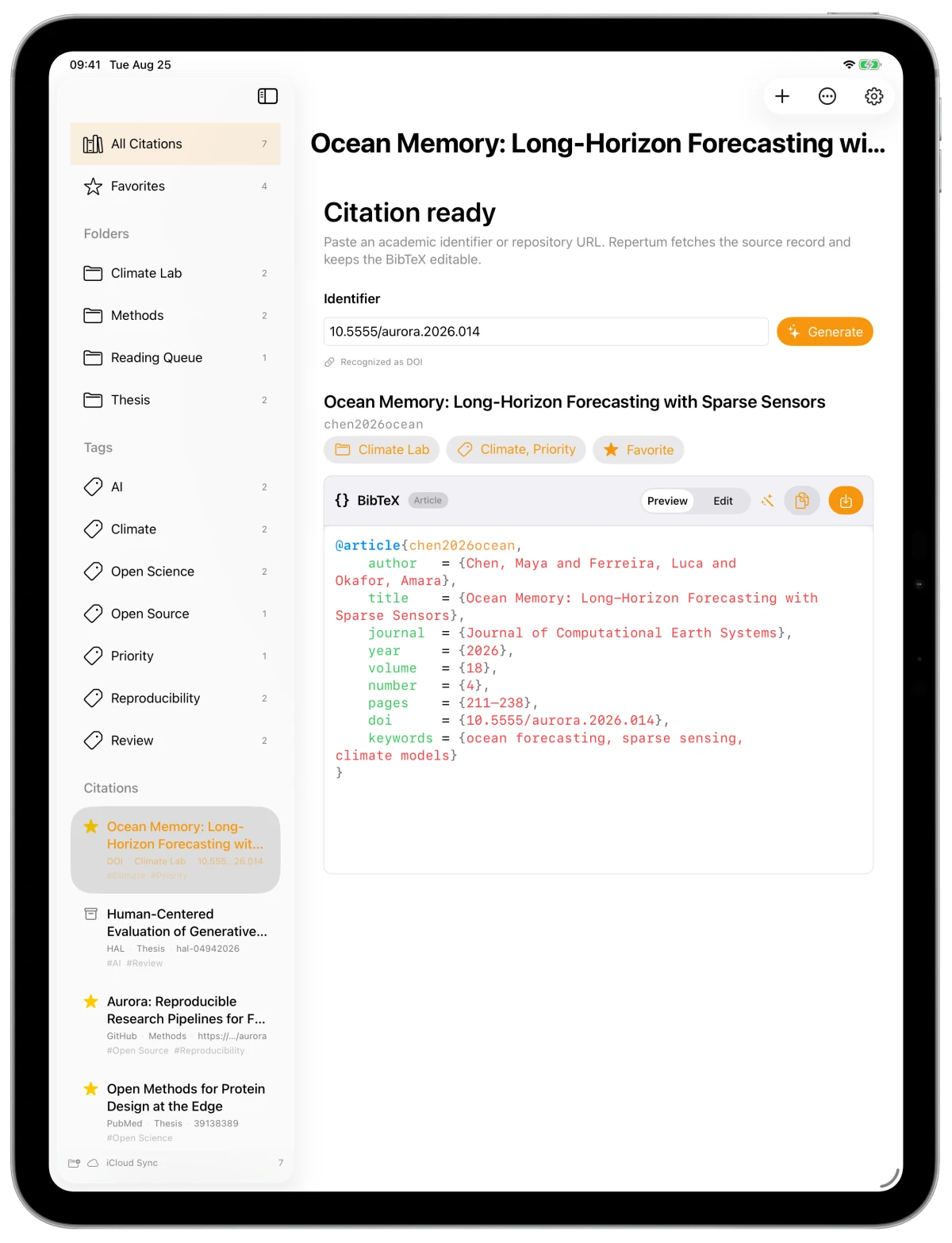 Repertum library in an iPad Pro frame with folders, tags, favourites and a selected citation
