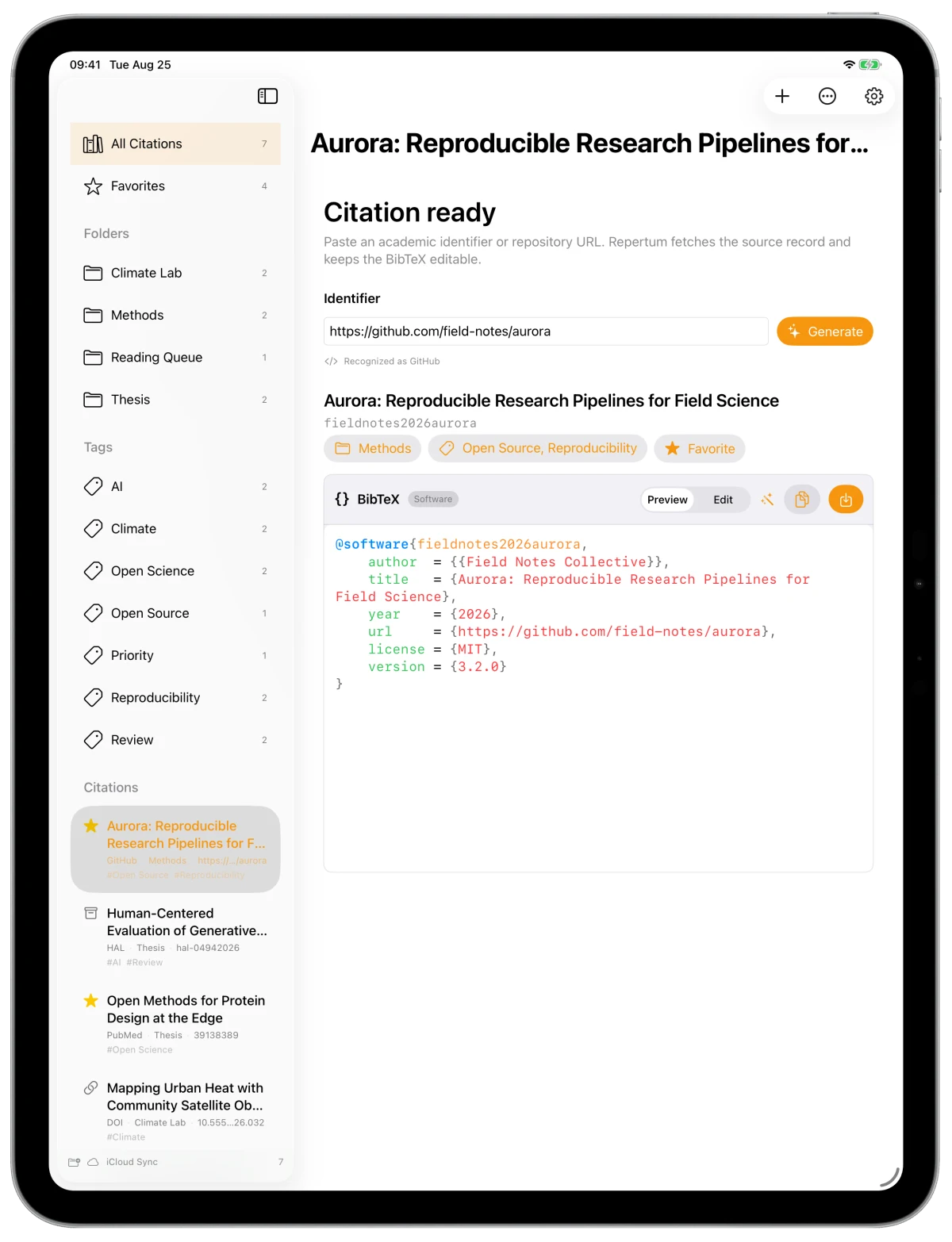 A GitHub software citation in Repertum inside an iPad Pro frame