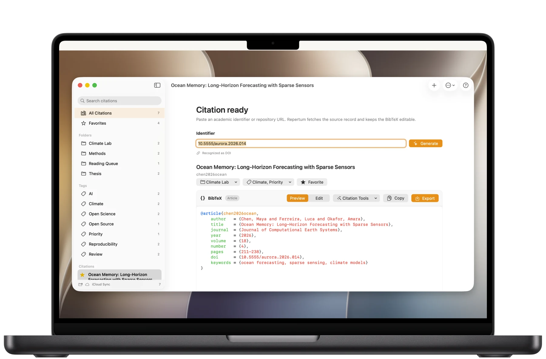 Repertum on a MacBook Pro, showing a citation library with folders, tags and formatted BibTeX